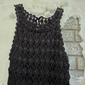 INC Black Crochet Knit Sleeveless Midi Sheath Dress Scalloped Hem LBD Boho Chic